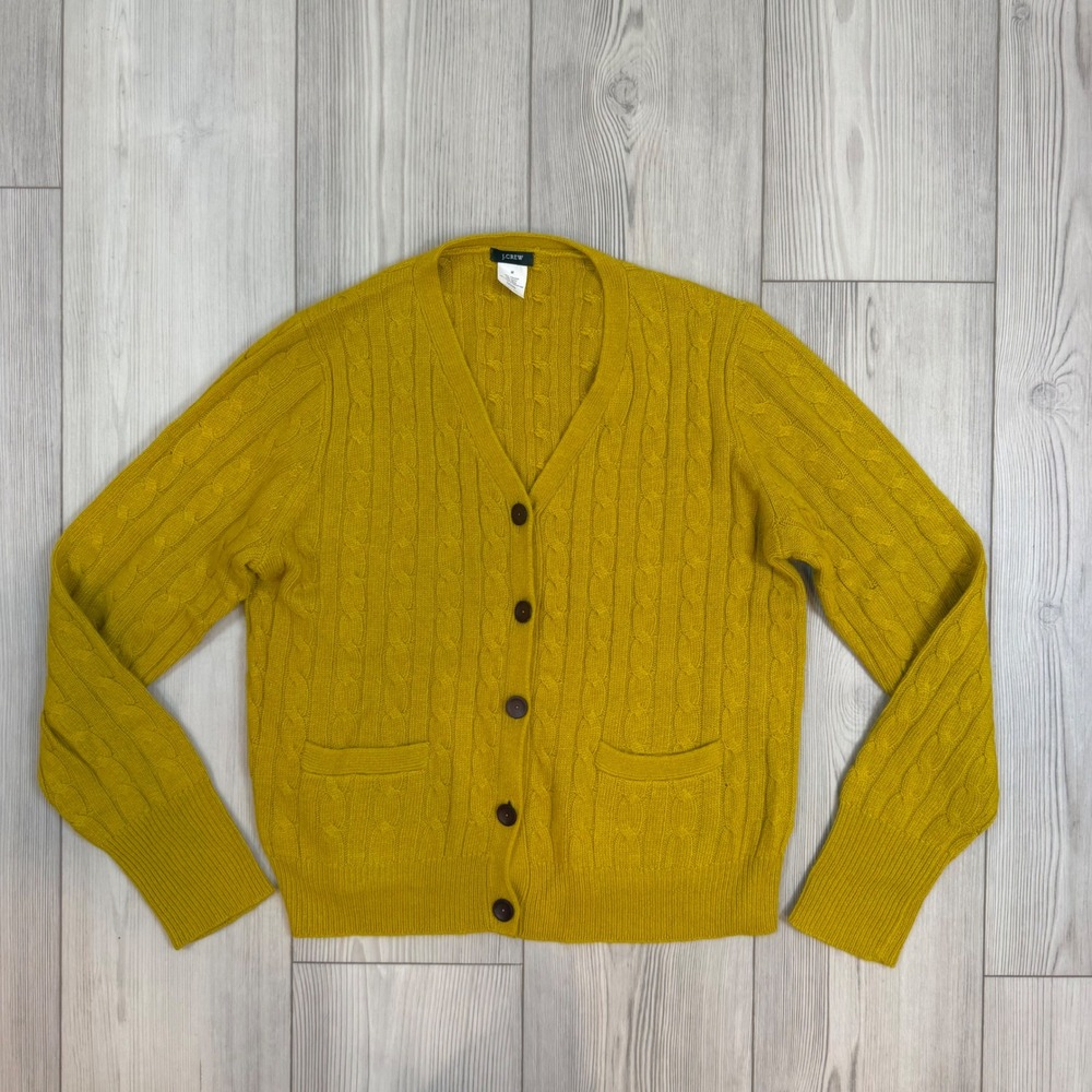 J.Crew Mustard Yellow Cable Knit Wool Angora Blend Cardigan Sweater 46066 Medium